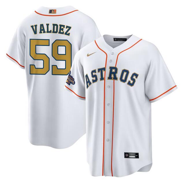 Men's Houston Astros #59 Framber Valdez White/Gold Cool Base Stitched Baseball Jersey Men's Houston Astros #59 Framber Valdez White/Gold Cool Base Stitched Baseball Jersey